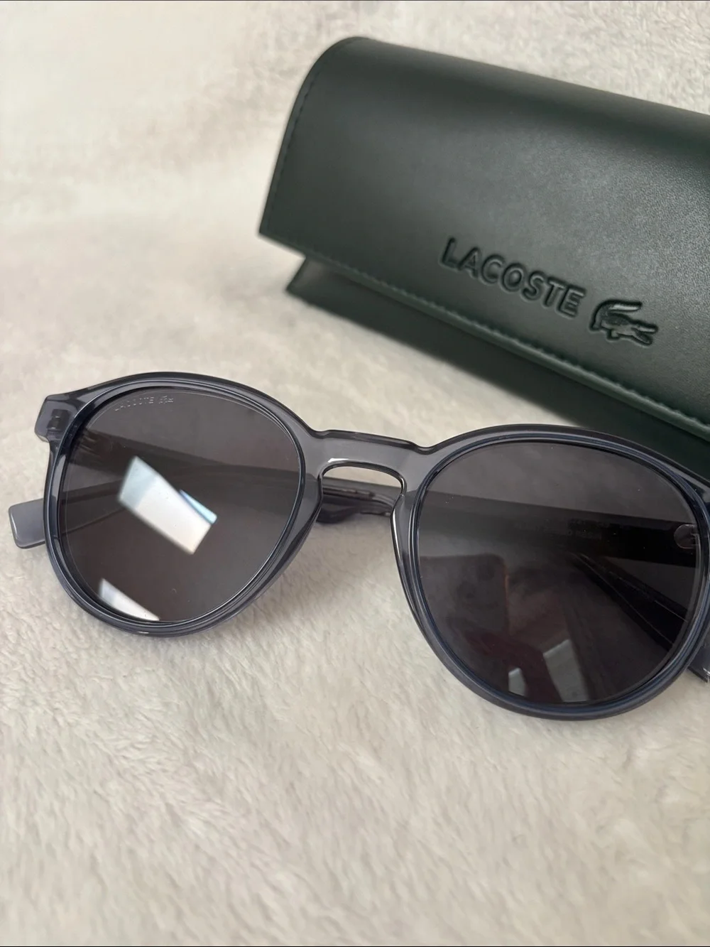 Lacoste Gray Round Sunglasses with Dark Smoke Lenses and Green Case